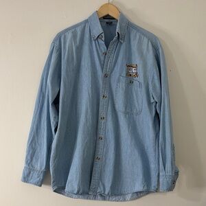 Vintage Chambray Button-Up Shirt “Will Work for Fabric” Embroidery Medium 90s